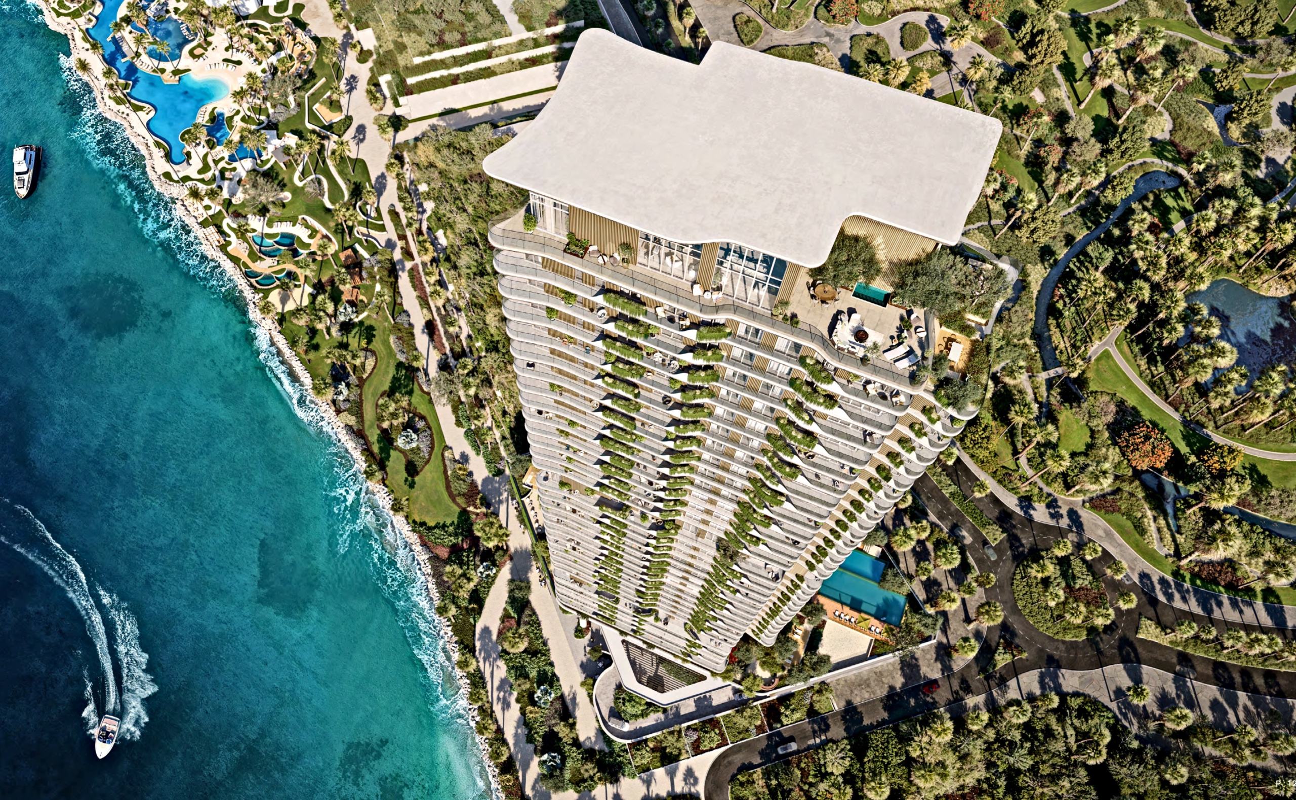 Aerial view of The Mural apartment tower by BEYOND on the Dubai Maritime City waterfront