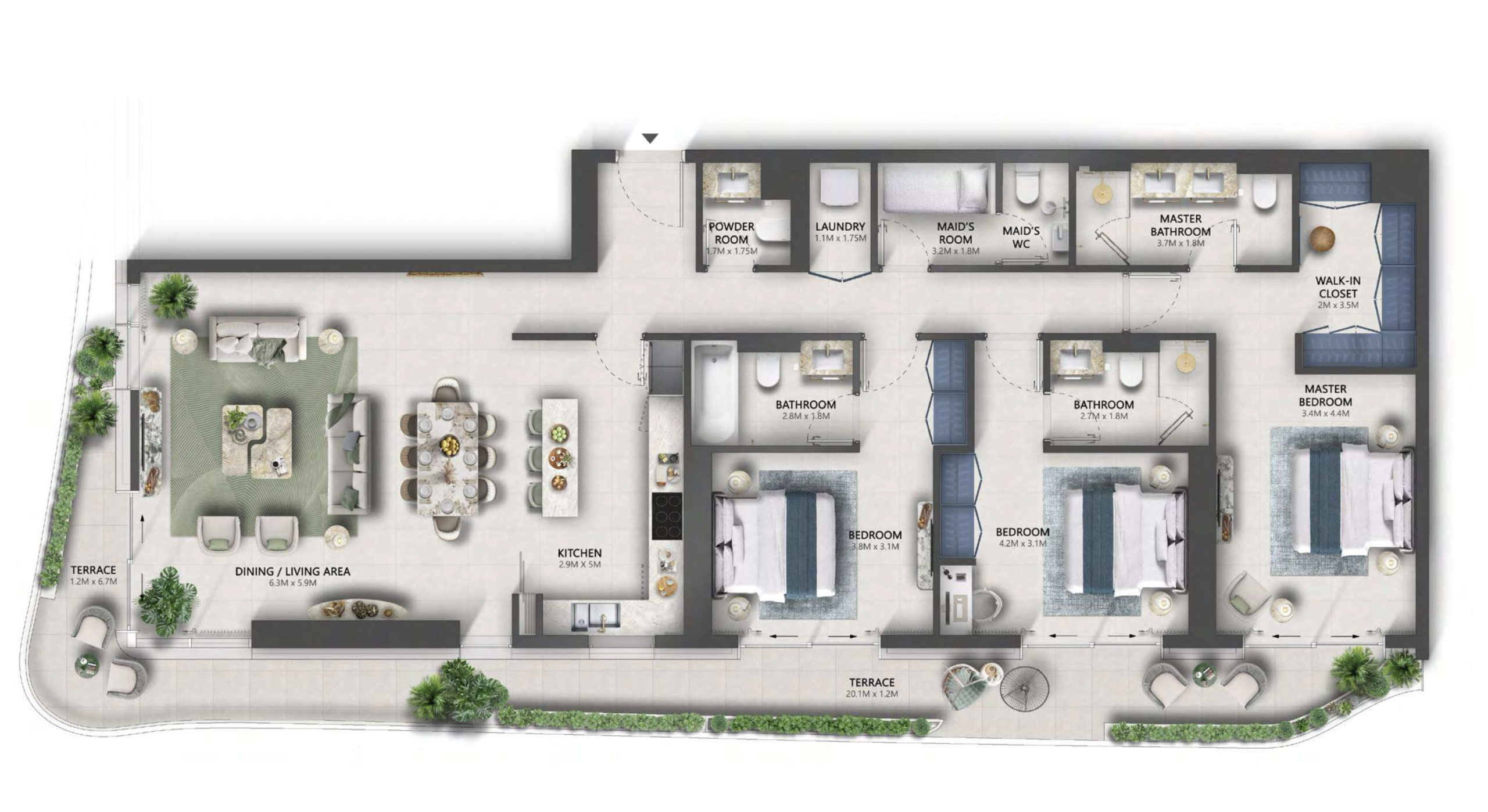The Mural 3 bedroom corner apartment floor plan with room dimensions